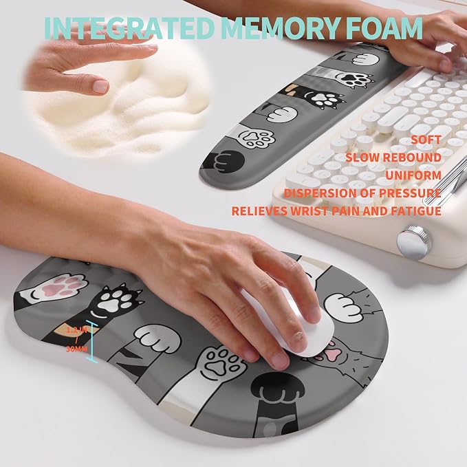 2-in-1 Ergonomic Set, Wave Rise Keyboard Wrist Rest and Massage Bulge Slope Mouse Pad Wrist Support, Cushion Memory Foam Integrated to Relieve Wrist Pain, Cute Cat Paws - Image 4