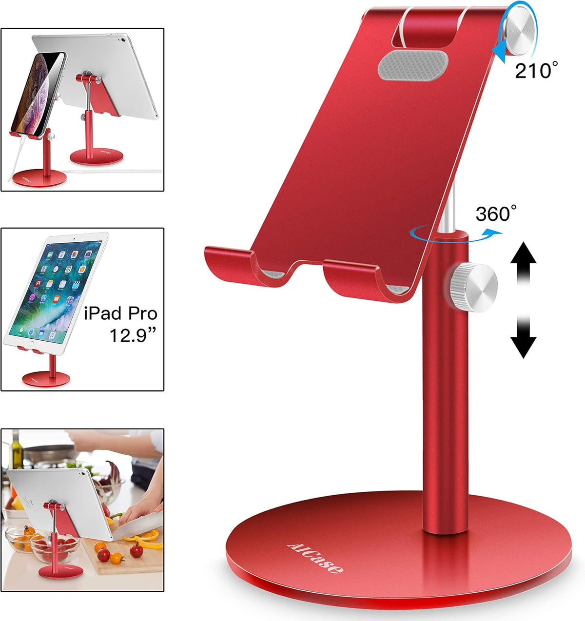 Adjustable Tablet/Phone Stand, AICase Telescopic Adjustable iPad Stand Holder,Universal Multi Angle Aluminum Stand Compatible with iPhone Smart Cell Phone/Tablet/iPad(4-13 inch), Red - Image 4