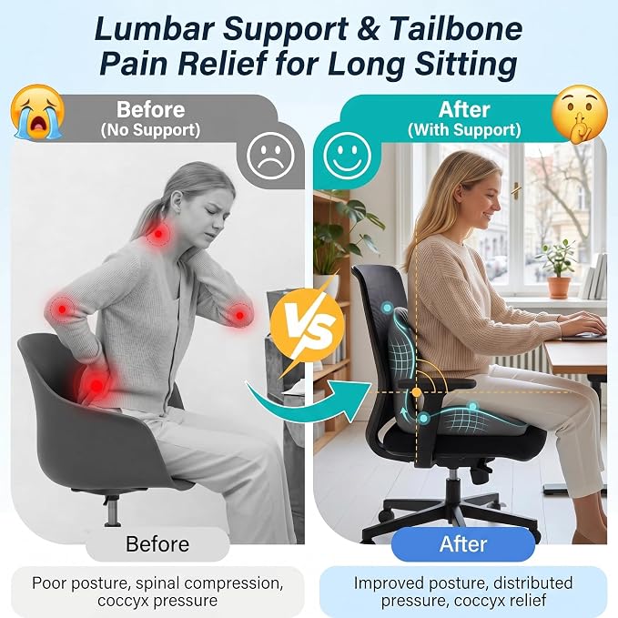Ergonomic Seat Cushion with Lumbar Support (Grey) | Office Chair Seat Cushion, Memory Foam Orthopedic Cushion with Tailbone Hollow, Sciatica & Back Pain Relief for Long Sitting - Image 2