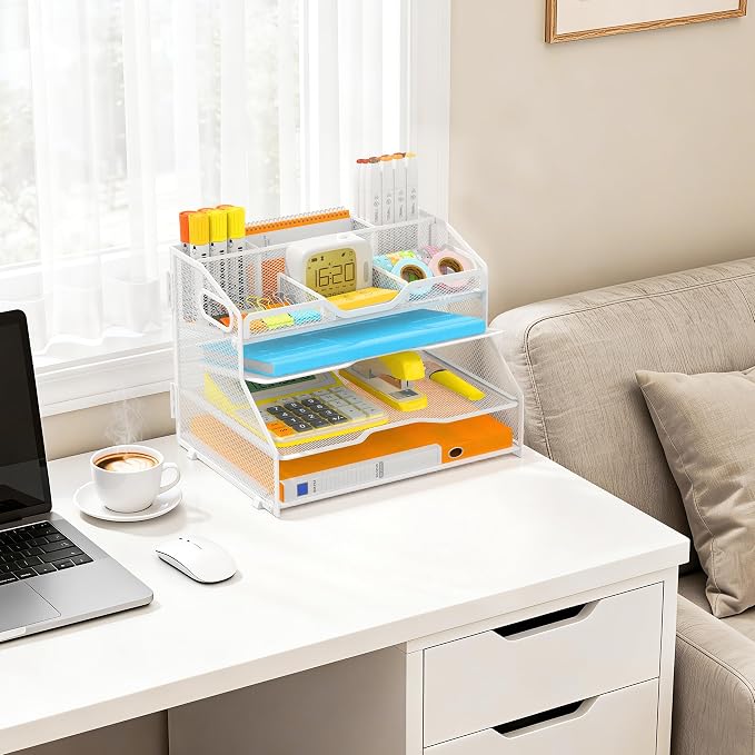4 Tier Metal Desk Organizer with Magazine File Holder, White | Space saving workspace desk file trays. Includes pencil holder and portable handles. Ideal for school and office supplies - Image 7