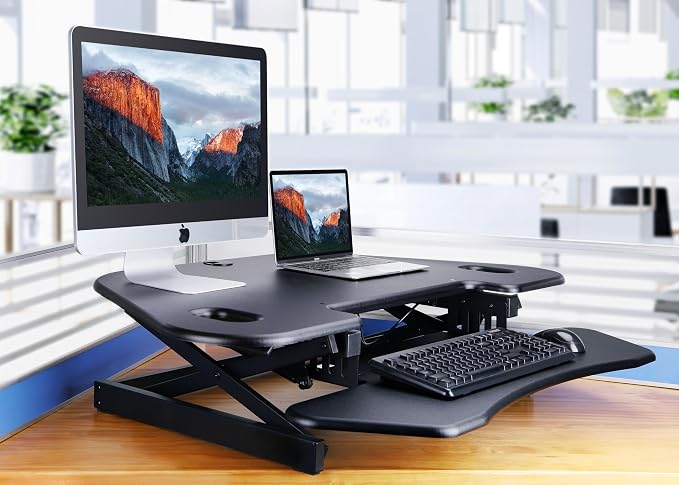 Rocelco 46" Height Adjustable Corner Standing Desk Converter - Quick Sit Stand Up Dual Monitor Riser - Gas Spring Assist Tabletop Computer Workstation - Large Keyboard Tray - Black (R CADRB-46) - Image 2