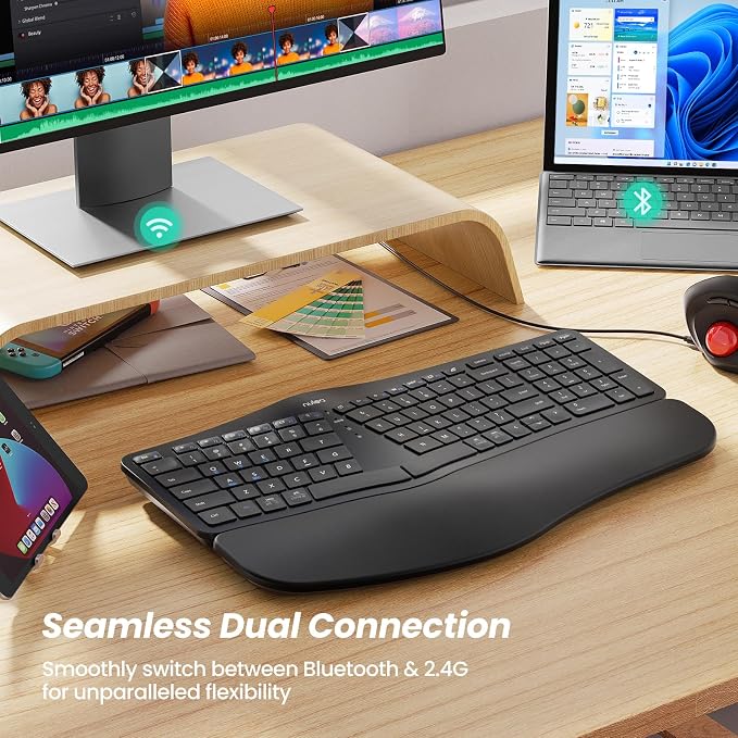 Nulea Wireless Ergonomic Keyboard, Split Keyboard with Cushioned Wrist Rest, Bluetooth and USB Connectivity, USB-C Rechargeable, Compatible with Windows Mac(Black) - Image 6