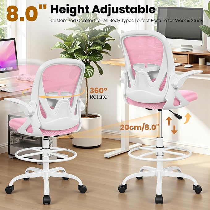 Drafting Chair Tall Office Chair with Flip-up Armrests Executive Ergonomic Computer Standing Desk Chair with Lumbar Support and Adjustable Footrest Ring (Pink) - Image 7