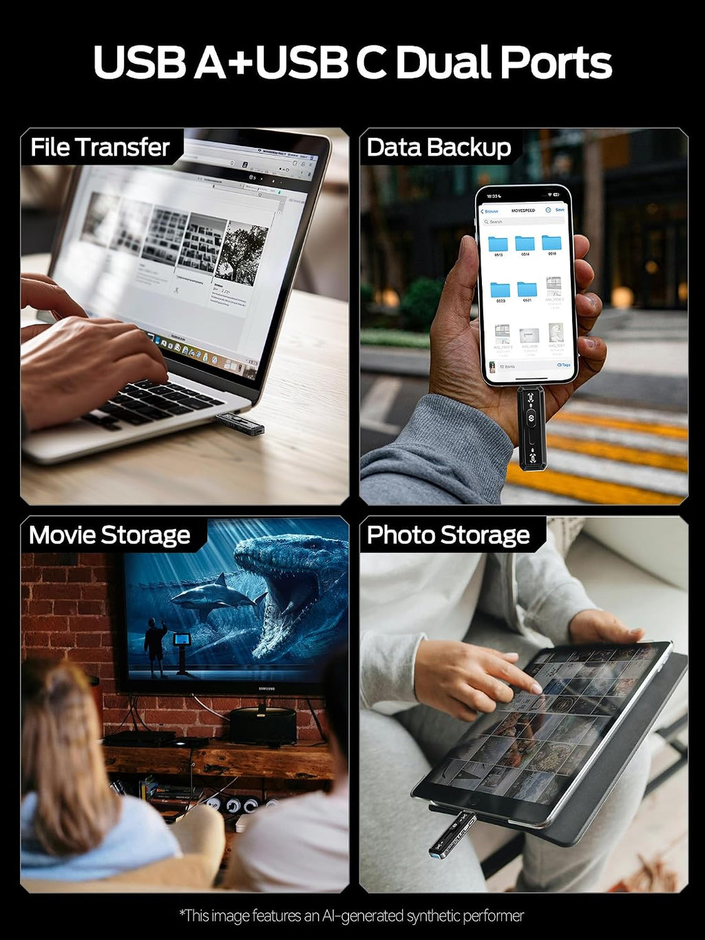 MOVE SPEED USB Drive 1TB External SSD 560MB/s Read Speed, USB 3.2+USB C Dual Ports External Drive, Portable SSD 3-Stage Push-Pull Design for iPhone 15/16/17 Series/Mac/Android - Image 3