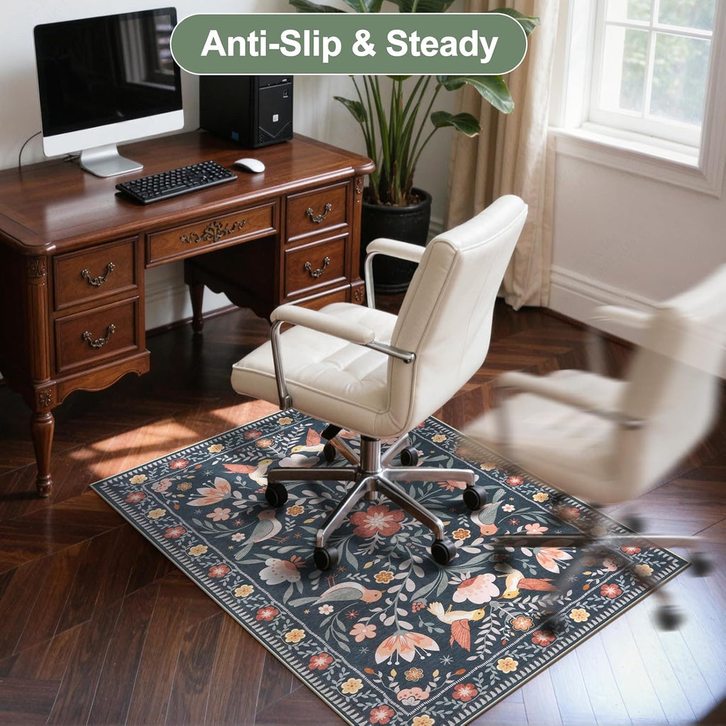 36"x48" Office Chair Mat for Hardwood Floor, Black Floral Computer Chair Mat, Anti-Slip Vintage Under Desk Rug for Office, Low Pile Bird Bug Office Rugs for Rolling Chairs - Image 6
