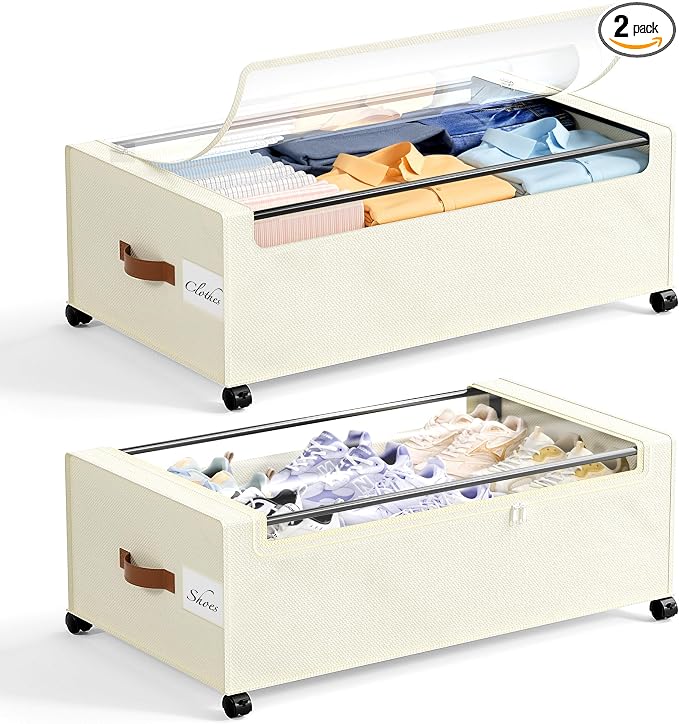Yecaye 95L Under Bed Storage Containers, Fits 11" Under Bed, 2 Pack, Beige | XXL Capacity, 360° Rolling Wheels, Sturdy Metal Frame, Clear Window & Label, Storage Bins for Clothes, Shoes, Blankets by Yecaye