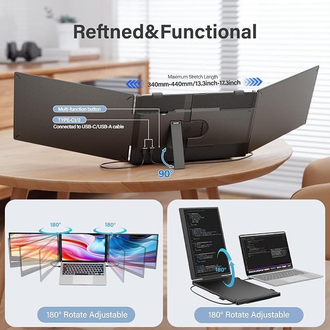 Laptop Screen Extender Monitor Portable,14.1" Ultra Thin 1080P FHD Lightweight Triple Screen,Portable Monitor for Laptops,Fit for 13-17" Laptop,Plug & Play Compatiable with Win/Mac/Chrome/Android - Image 5