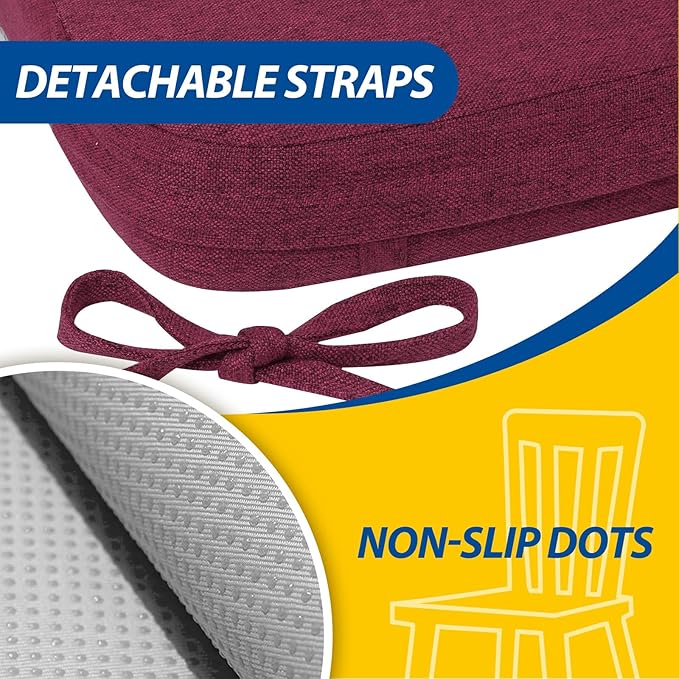 AAAAAcessories D-Shaped Chair Cushions, 2" Thick Dining Chair Pads with Ties and Removable, Machine-Washable Cover, 17" x 16", Set of 8, Wine Red - Image 5