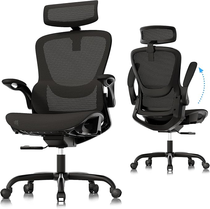 Ergonomic Mesh Office Chair, Adjustable Home Desk Chair with Folding Armrest, 2D Headrest, Soft Seat and PU Wheel, Black Swivel Task Chair for Office, Business, Student (GY1108) by GABRYLLY
