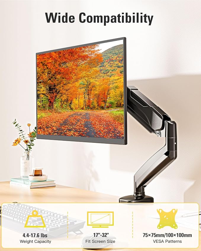 Single Monitor Mount, Gas Spring Monitor Arm for 17-32 Inch Computer Screens, Adjustable Monitors Stand for Desk, 75x75/100x100mm VESA Mount, with Clamp and Grommet Base, Holds 4.4-17.6lbs - Image 2