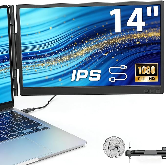APILDELLA 14" Laptop Screen Extender, FHD 1080P IPS Travel Dual Monitor, 226° Rotation Portable Monitor for Laptops 13-16" with USB-C/HDMI Port, Plug-Play for Win/Mac/Chrome/Android by APILDELLA