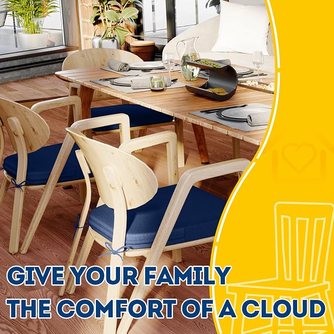 AAAAAcessories D-Shaped Chair Cushions, 2" Thick Dining Chair Pads with Ties and Removable, Machine-Washable Cover, 17" x 16", Set of 8, Blue - Image 6