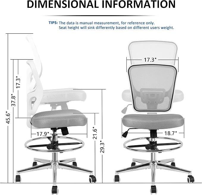 Drafting Chair, Tall Office Chair for Standing Desk, Drafting Stool with Lumbar Support, Adjustable Height and Foot Ring, Grey - Image 3