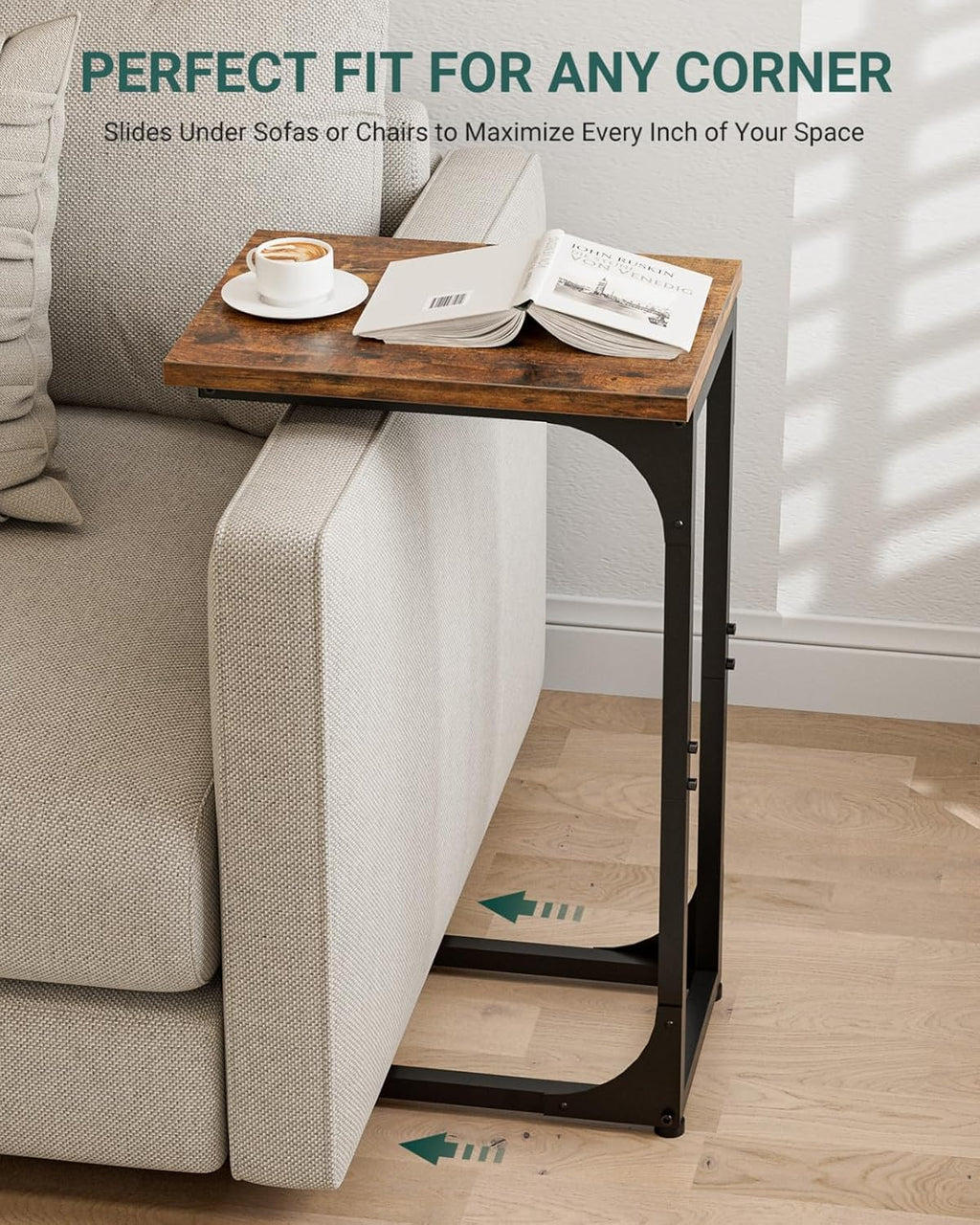 C-Shaped Side Table for Couch - Small Coffee Stand Sofa Tray Desk with Metal Frame and Waterproof Scratch Resistant, Modern End Accent for Living Room, Bedroom, Small Spaces, Rustic Brown - Image 5