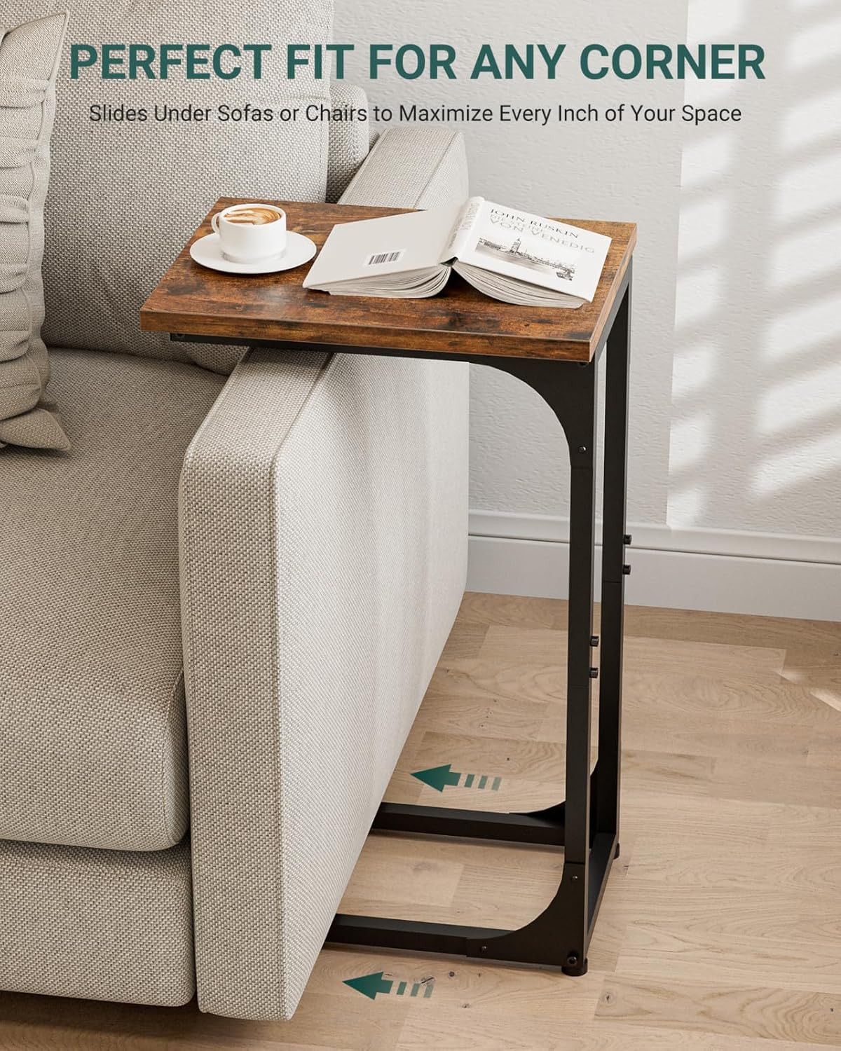 C-Shaped Side Table for Couch - Small Coffee Stand Sofa Tray Desk with Metal Frame and Waterproof Scratch Resistant, Modern End Accent for Living Room, Bedroom, Small Spaces, Rustic Brown - Image 5