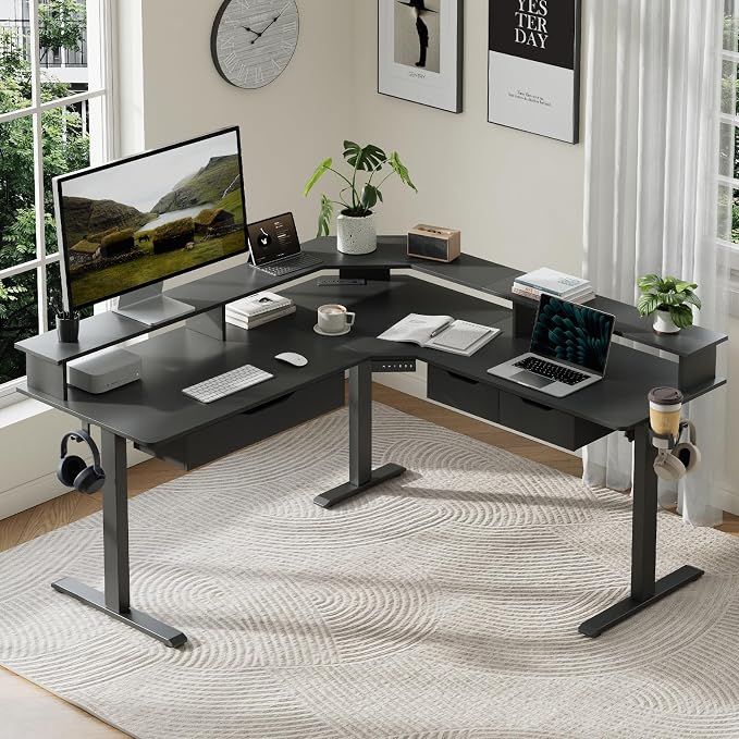 MALOL 59" L Shaped Electric Standing Desk with Drawers, Height Adjustable Desk with Power Outlets & LED Lights, Monitor Stand, Corner Computer Desk for Home Office, Black - Image 9
