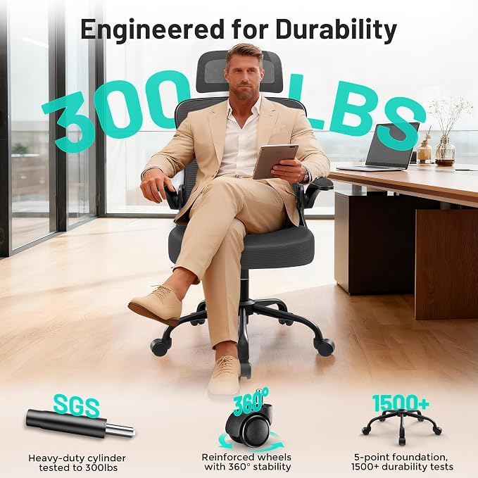 Office Chair - Ergonomic Desk Chair Breathable Mesh Chair with 2D Headrest & Adjustable Lumbar Support - Executive High Back Rolling Swivel Computer Gaming Chair with Wheels Flip-up Armrests - Image 8