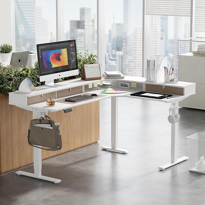 CubiCubi 63x48 Inches L Shaped Standing Desk with 3 Drawers and Monitor Shelf, Height Adjustable Corner Computer Desk with Hooks, Sit Stand Up Ergonomic Home Office Workstation Table, Warm White - Image 2