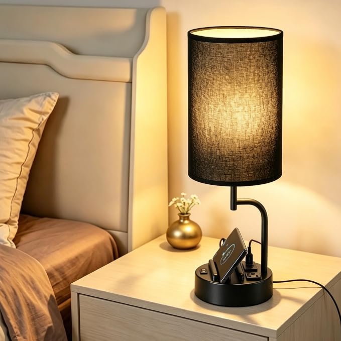 Dreamholder 2 Pack Table Lamp, Bedside Lamp with 3 USB Charging Ports & AC Outlet, USB Desk Lamp with 2 Phone Holders, Linen Fabric Shade Nightstand Lamps for Bedroom Living Room Office, Black Shade - Image 4