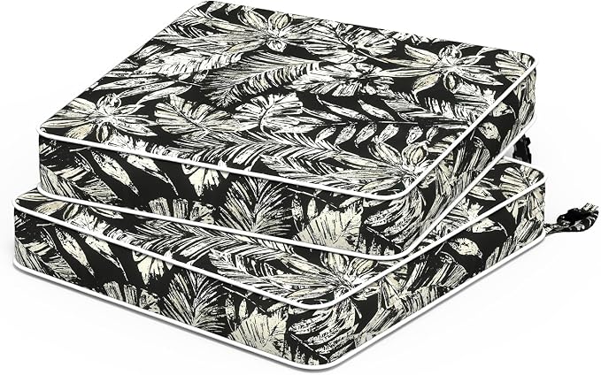 Outdoor Seat Cushions 19 x 19 x 3 Inch, Water Repellent Patio Chair Foam Cushions with Straps, Outdoor Cushions for Patio Furniture Garden Sofa, Set of 2, Tropical Leaf Black by TWLEAR