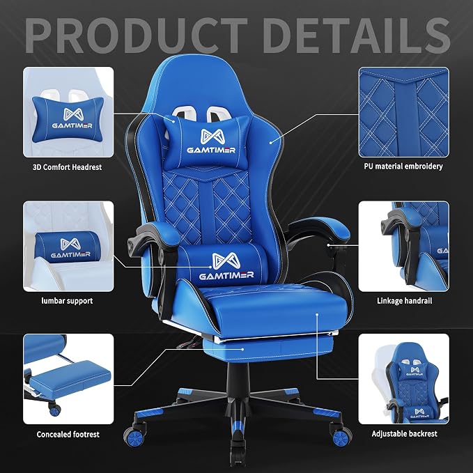 Gamtimer Gaming Chair, 400 LB Weight Capacity,with Pocket Spring Cushion | Ergonomic Backrest Office Chair,Leather, with Headrest and Lumbar Support, Footrest, Suitable for Adults(Blue) - Image 4