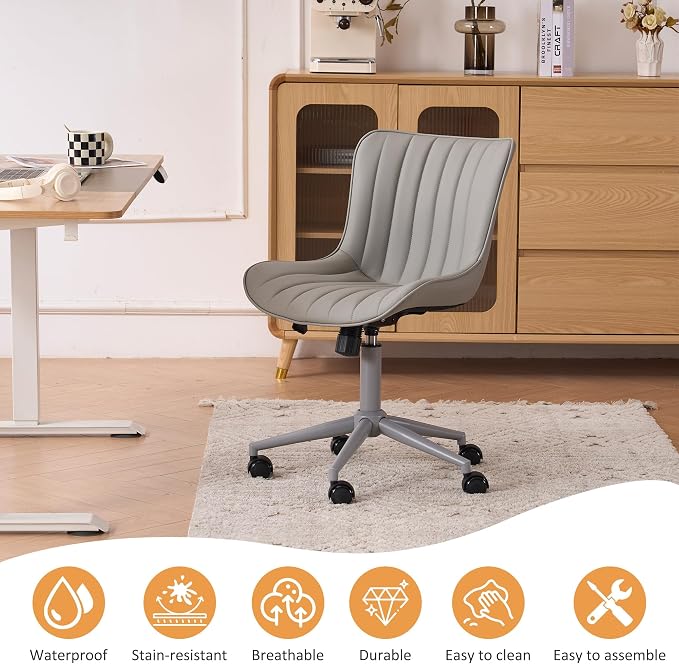 YOUNIKE Office Desk Chair with Wheels Armless Vanity Chair Ergonomic Grey | Faux Leather Upholstered with Rocking Back, Swivel Height Adjustable, Modern Small Cute Task Chair For Sewing Drafting - Image 7