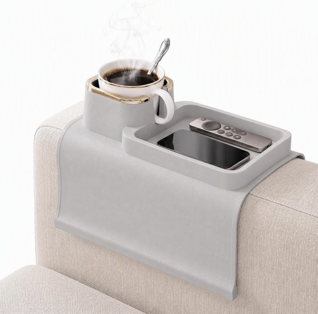 Silicone Recliner Cup Holder, Couch Cup Holder Tray & Armchair Caddy, Weighted Non-Slip Drink Holder for Chairs, Anti-Spill Armrest Beverage Holder for Mugs, Remote & Phone, Beige Grey by Eruidar