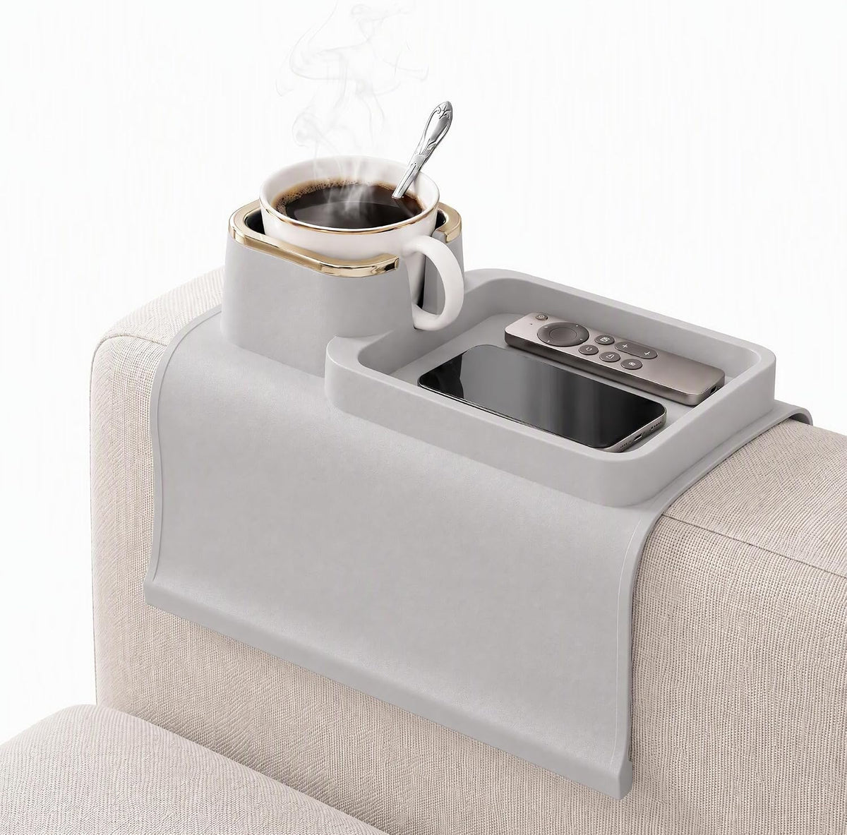 Silicone Recliner Cup Holder, Couch Cup Holder Tray & Armchair Caddy, Weighted Non-Slip Drink Holder for Chairs, Anti-Spill Armrest Beverage Holder for Mugs, Remote & Phone, Beige Grey by Eruidar