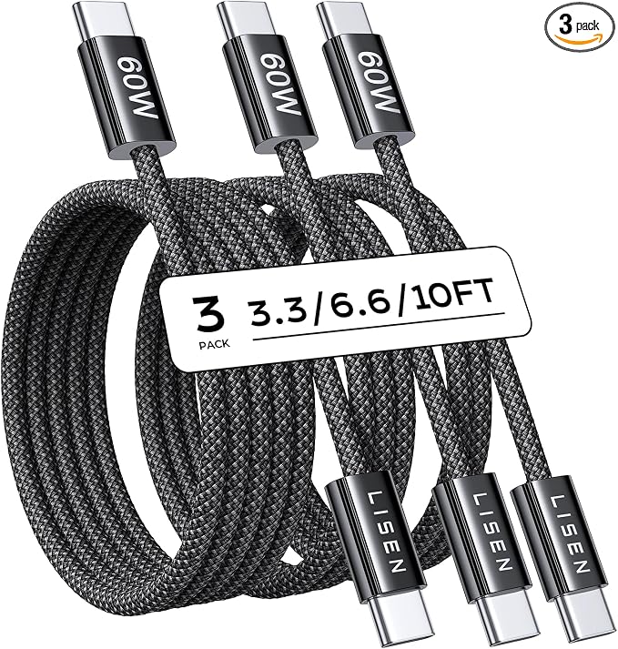 LISEN for iPhone 16 15 USB C to USB C Fast Charging, 60W USB C Cable Type C Fast 4 in 1 Charging Cable for iPhone 16 15,Samsung S24 S23 iPad Pro 13 12.9 11 inch, iPad Air 5,Black,3Pack 3+6+10FT by Lisen