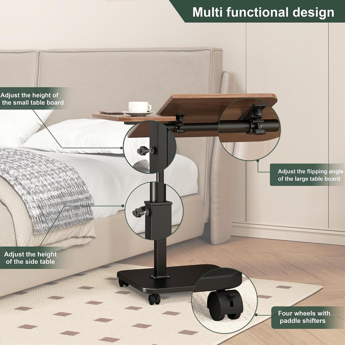 Adjustable Height C Shaped End Table with Wheels,360°Swivel Side Table, Top Tilting Laptop Stand TV Table for Sofa/Bed, Couch Tables that Slide under, Rolling Coffee Table for Living Room (walnut) - Image 6
