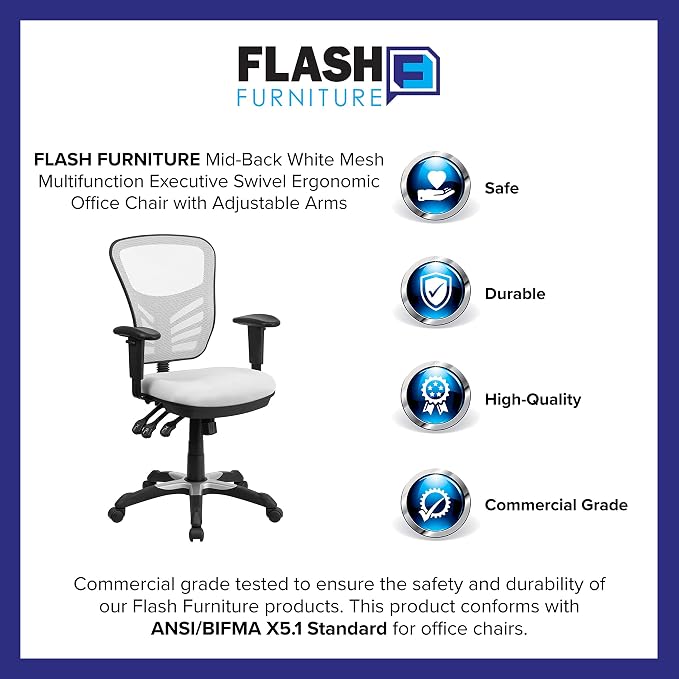Flash Furniture Mid-Back White Mesh Multifunction Executive Swivel Ergonomic Office Chair with Adjustable Arms | Adjustable Armrests, 360° Swivel, Height Adjustable, Commercial Grade - Image 11