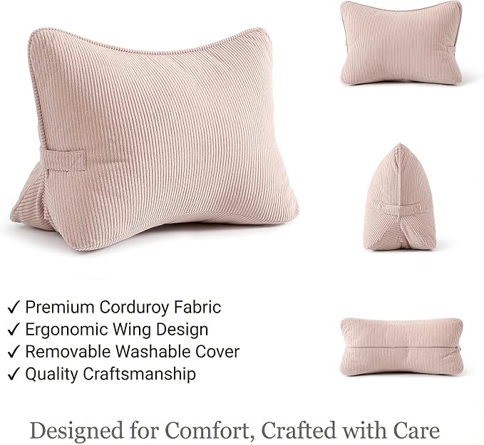 Pat. Pend. Corduroy Back Support Pillow for Sitting, Ideal for Expecting Moms, Low Back Cushion for Bed Sitting, Reading & Relaxing, Ergonomic Triangle Backrest, Washable Cover, Pink - Image 3