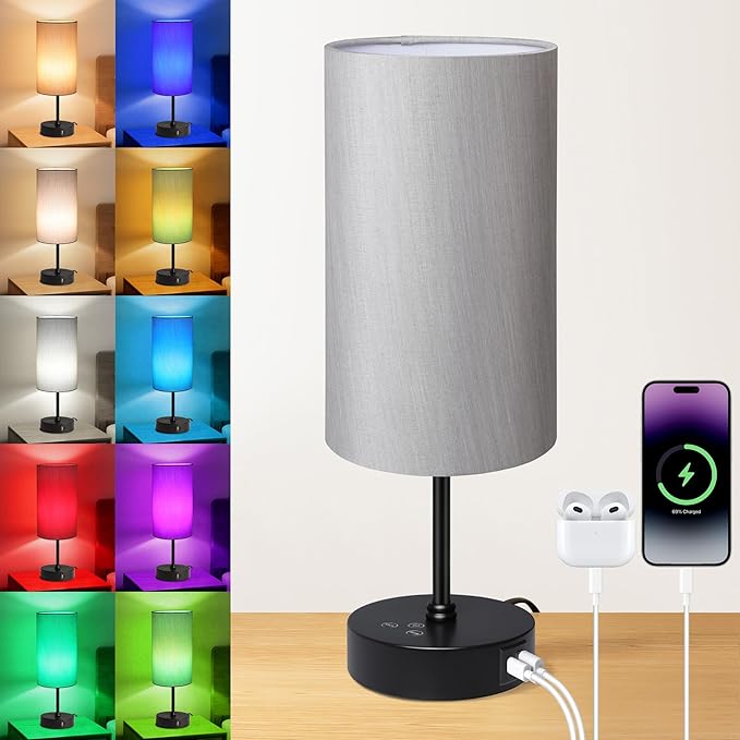 17Inch Table Lamp for Bedroom, Touch Control Bedside Lamp for Reading, 3 CCT & 7 RGB Color Changing, Dimmable Nightstand Lamp for Kids Room Living Room Office, Grey Shade by Unicozin