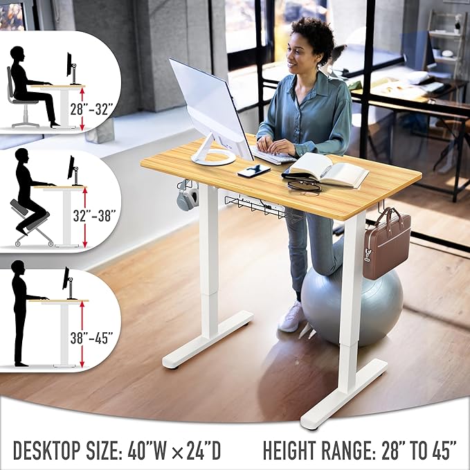 SHW 40-Inch Electric Height Adjustable Standing Desk w/Drawer, Oak | w/ Memory Presets and Cable Management | Drawer with adjustable compartments | Hanging Hooks - Image 5