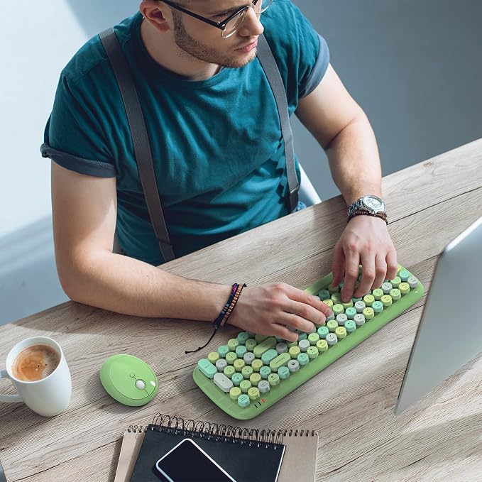 MOFII Wireless Keyboard and Mouse Combo, 2.4GHz Retro Typewriter Keyboard and Cute Mouse for Computer PC Desktops Laptop Windows(Green Mix) - Image 3