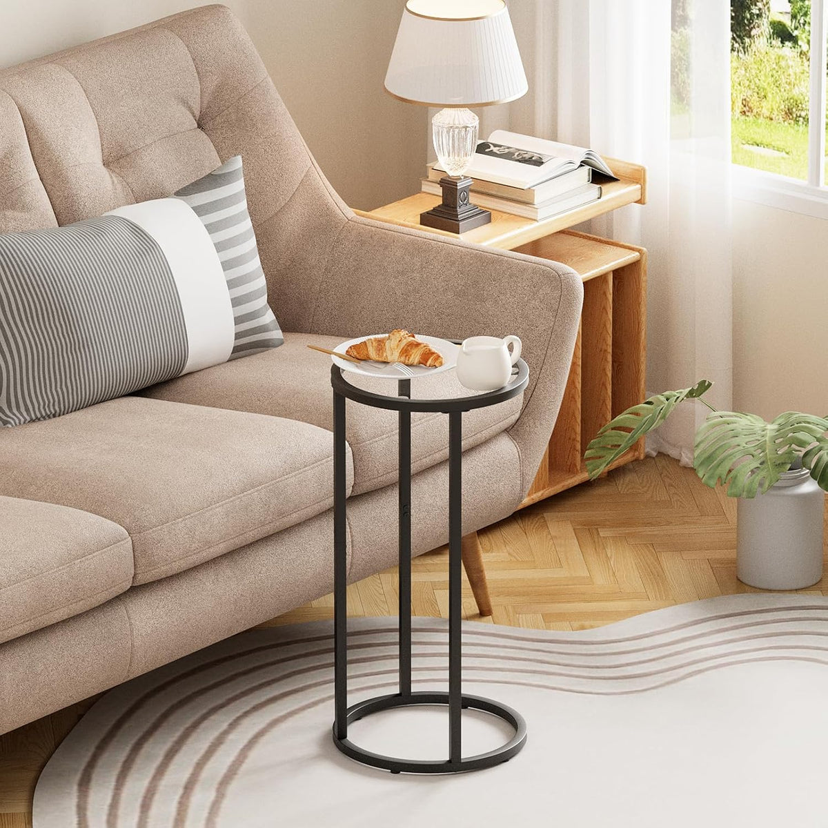 Easy Paws Round Side Table,Glass C Table,Couch End Table, Tempered Glass Snack Table with Metal Frame, Sofa Couch Bedside Table,TV Tray Table for Small Space(Black) - Image 2