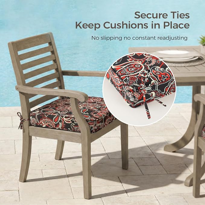 UNIKOME Outdoor Chair Cushions Set of 4, Water Resistant Patio Seat Cushions with Ties for Outdoor Furniture, High-Density Foam, UV & Fade Resistant, Piped Edge – 18.5" x 16" x 3", Red Paisley Floral - Image 5
