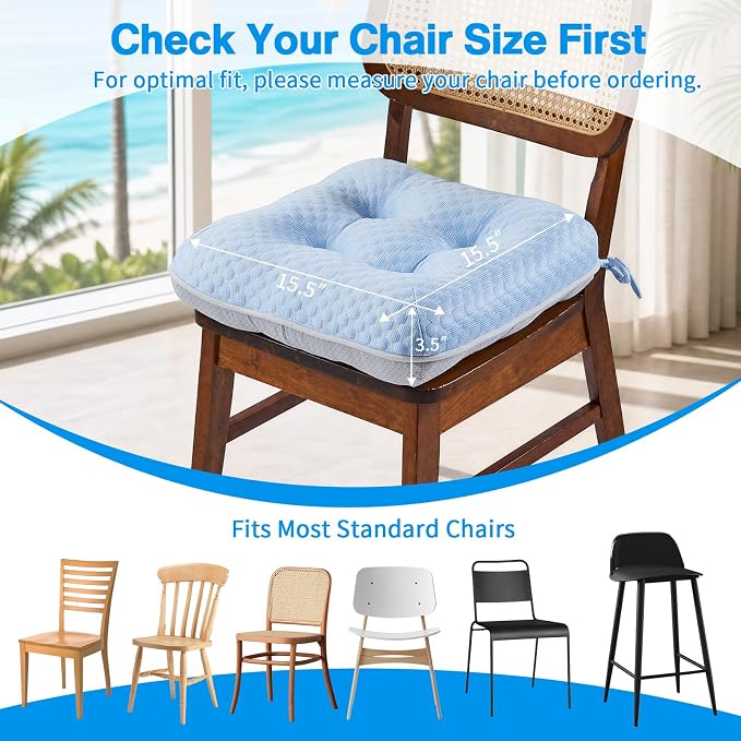 BETU Cooling Chair Cushions Set of 4, 3.5” Thick Seat Cushions,Breathable Comfort Fabric Chair Pads with Non Slip Bottom & Ties, Soft Support Cushion for Kitchen, Office, Patio, 15.5"X15.5"X3.5"Blue - Image 4