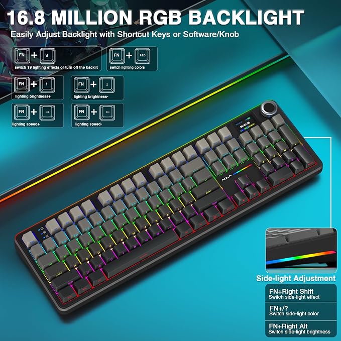 AULA F108 PRO - Wireless Mechanical Keyboard with Screen & Knob,Full Size Keyboard with 8000mAh Battery,Pre-lubed Switches,Side Printed PBT Keycaps,RGB Backlit Hot Swappable Custom Gaming Keyboards - Image 7