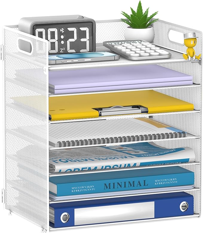 7 Tier Paper Organizer for Desk with Letter Trays & Handle White | Black Desk File Organizer with Handle for Sorting Papers, Files, Folders, Mail, Bills and Office Supplies by Unknown