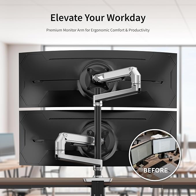 Ergounion Premium Dual Monitor Stand for Desk, High-Grade Aluminum Stacked Monitor Arm with Heavy-Duty Mechanical Spring, Adjustable Vertical Double Monitor Mount for 13-40 inch Screens, Silver - Image 4