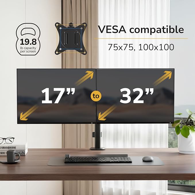 Mount-It Dual Monitor Arm, Heavy Duty Desk Mount for 2 Screens 13-32 in | Up to 19.8 lbs Each, Full Motion Tilt Swivel Rotate, VESA 75x75 100x100, Steel, Cable Management, C-Clamp or Grommet, Black - Image 7