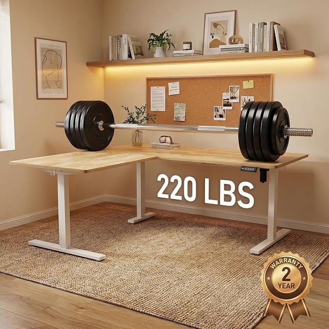 Grandder 63 x 55 Inch L Shaped Standing Desk, Electric Height Adjustable Corner Stand Up Desk, Sit Stand Corner Table Home Office Table, Oak Top White Frame - Image 6