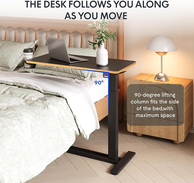 FLEXISPOT H7 32" Pneumatic Height-Adjustable Overbed Table with Wheels | C-shaped bedside table TV Tray,Medical End Side Table,Laptop desk for Hospital Home office use,31.5"W x 17.7"D,Black Maple - Image 4
