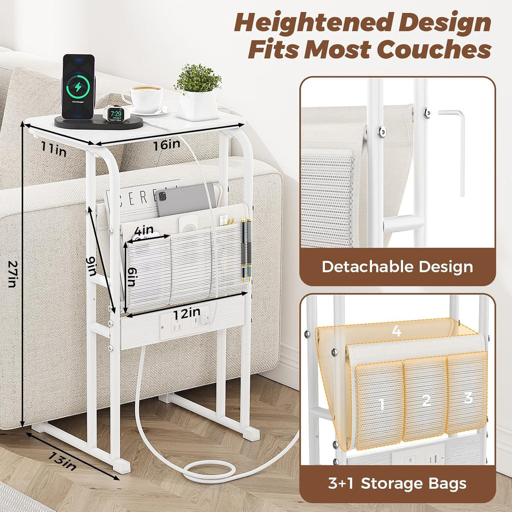 C-Shaped End Table with Charging Station and Storage Bag White - Image 2