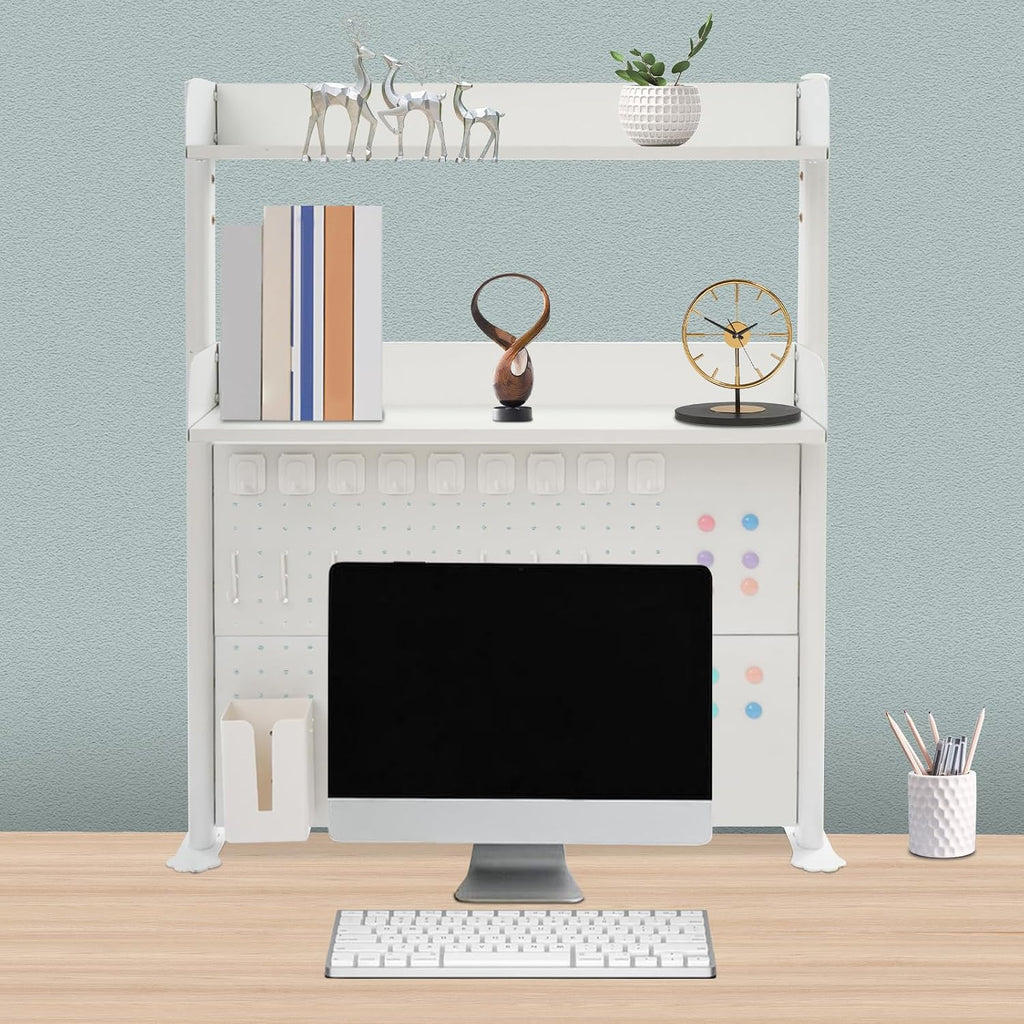 Clamp-On Pegboard Desk Shelf Organizer | 2-Tier Storage w/Hooks | Adjustable Shelves | Sturdy Carbon Steel | Space Saving Desktop Bookshelf (White, L: 31.5in) - Image 4