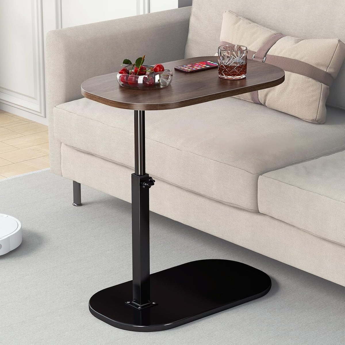 C Shaped Side Table, Adjustable Height C Shaped End Table, 360°Swivel Couch Side Tables that Slide Under, Modern Small Coffee C Table End Table for Sofa/Bed/Bathtub, Rotating Tabletop (Walnut) by TRUNYAQI