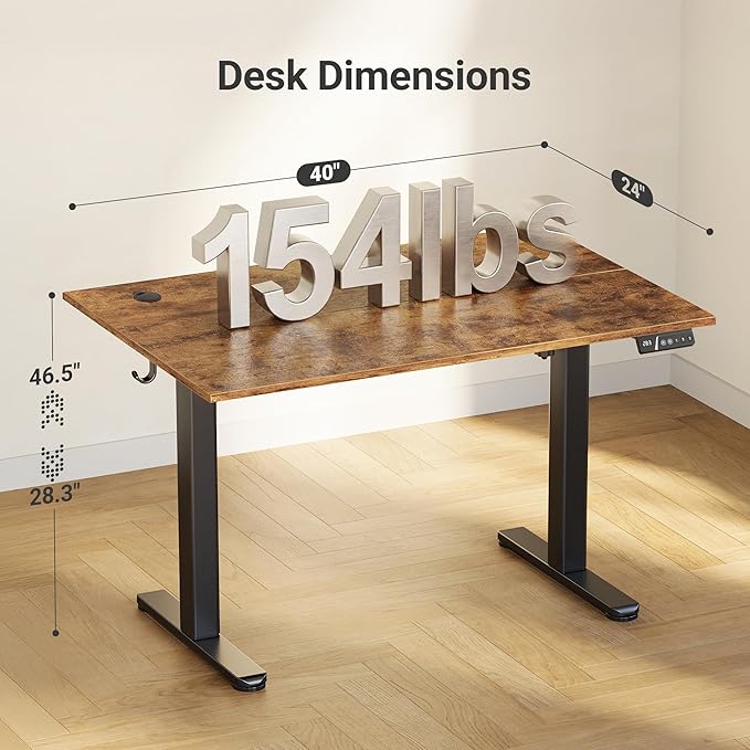 Claiks Electric Height Adjustable Standing Desk, 40x24 Inch, Rustic Brown | Smooth Height Adjustment, 3 Memory Presets, Cable management hub & hook, Stable Steel Frame, 156 lbs Capacity, Easy Assembly - Image 3