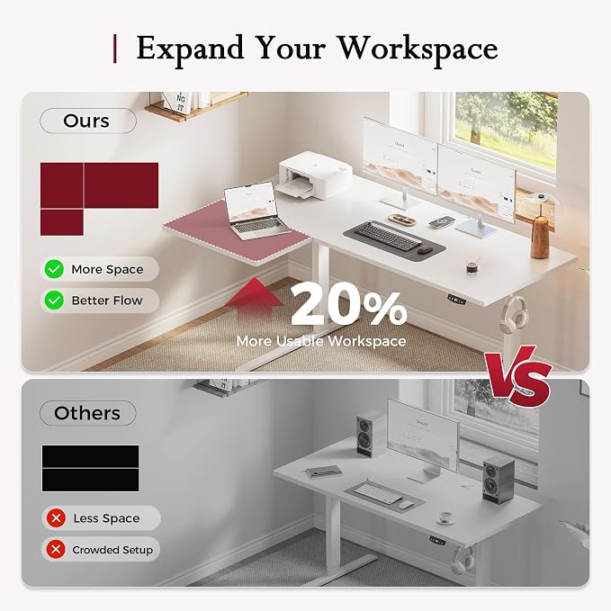 Klicelor L Shaped Standing Desk, 55 Inch Electric Height Adjustable Desk with Memory Preset, Reversible Sit Stand Up Computer Workstation for Home Office, Splice Board, White - Image 6