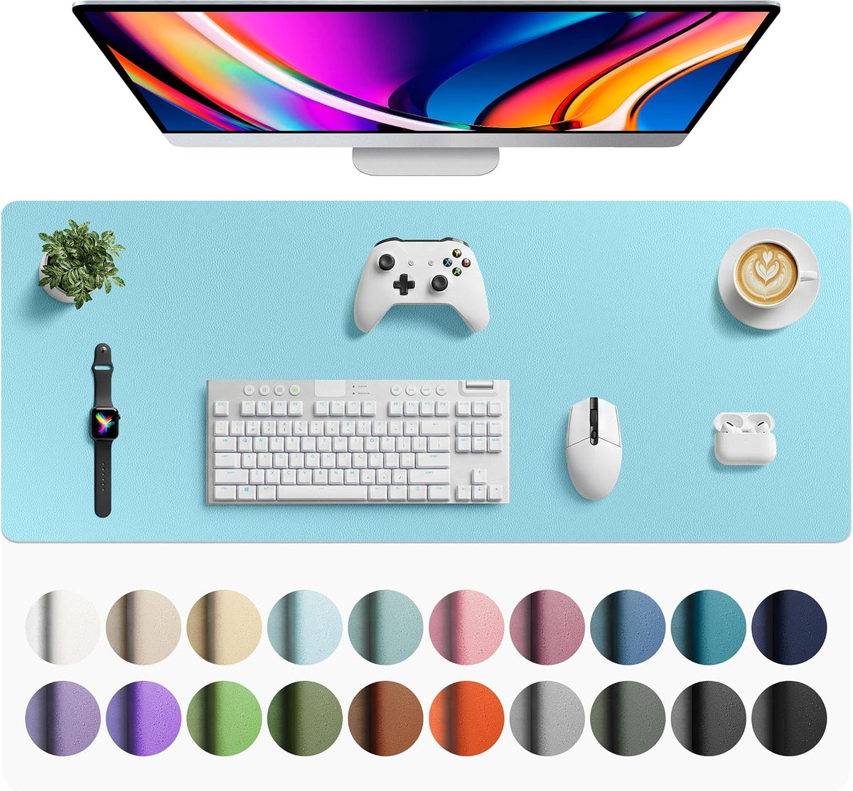 Aothia Faux Leather Desk Mat - Large Mouse Pad, Non-Slip PU Leather Blotter, Waterproof Writing Surface for Office and Home (Blue Topaz, 42" x 17") by Aothia